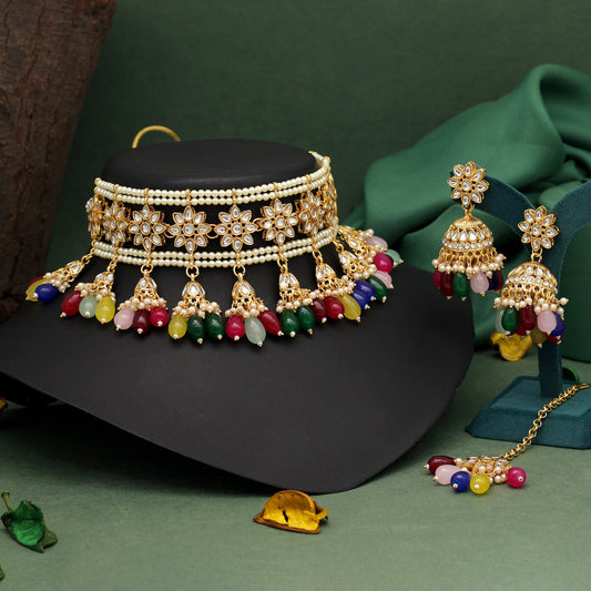 Multi Color Choker Kundan Necklace Set (KN1422MLT) - Preyans.com