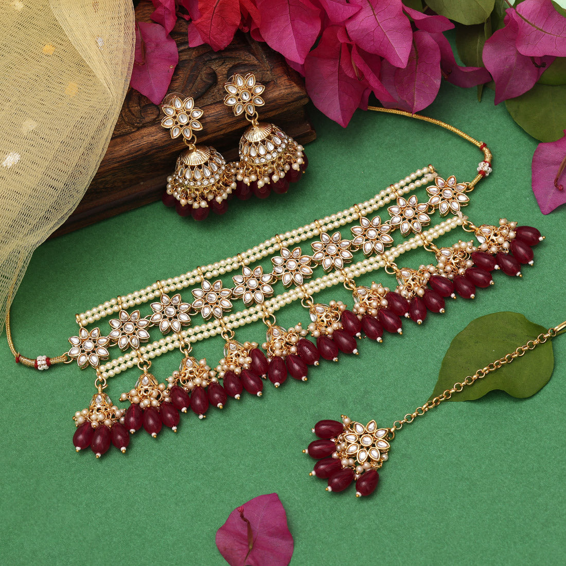 Rani Color Choker Kundan Necklace Set (KN1422RNI) - Preyans.com