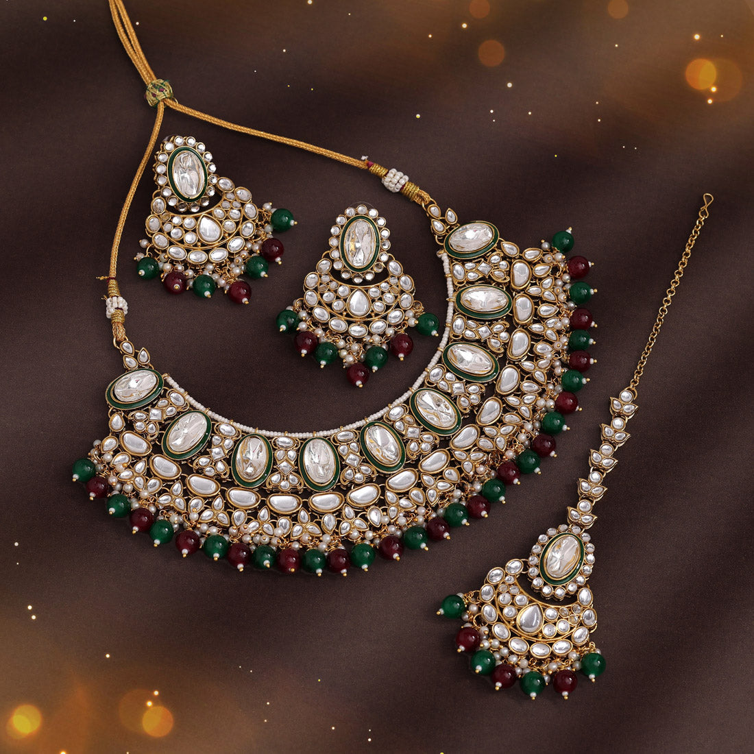 Maroon & Green Color Kundan Necklace Set (KN1424MG) - preyans.com