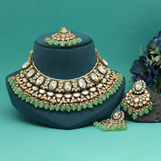 Parrot Green Color Kundan Necklace Set (KN1424PGRN) - preyans.com