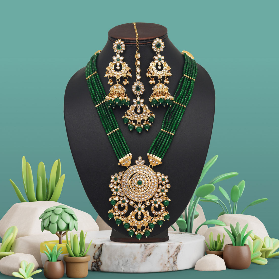 Green Color Long Kundan Necklace Set (KN1425GRN) - preyans.com