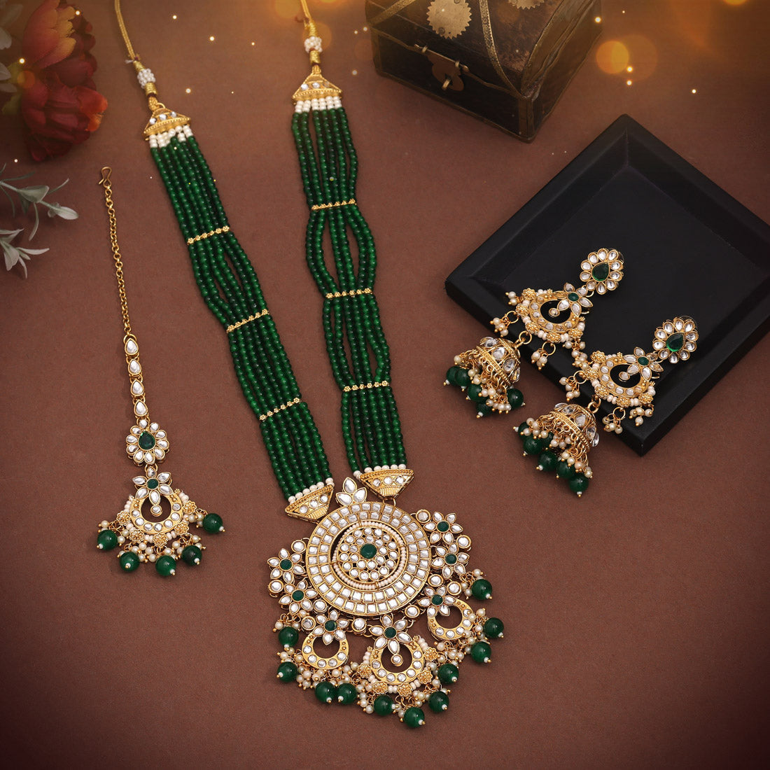 Green Color Long Kundan Necklace Set (KN1425GRN) - preyans.com