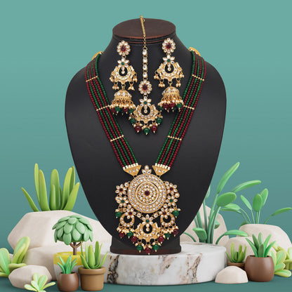 Maroon & Green Color Long Kundan Necklace Set (KN1425MG) - preyans.com