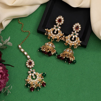 Maroon & Green Color Long Kundan Necklace Set (KN1425MG) - preyans.com