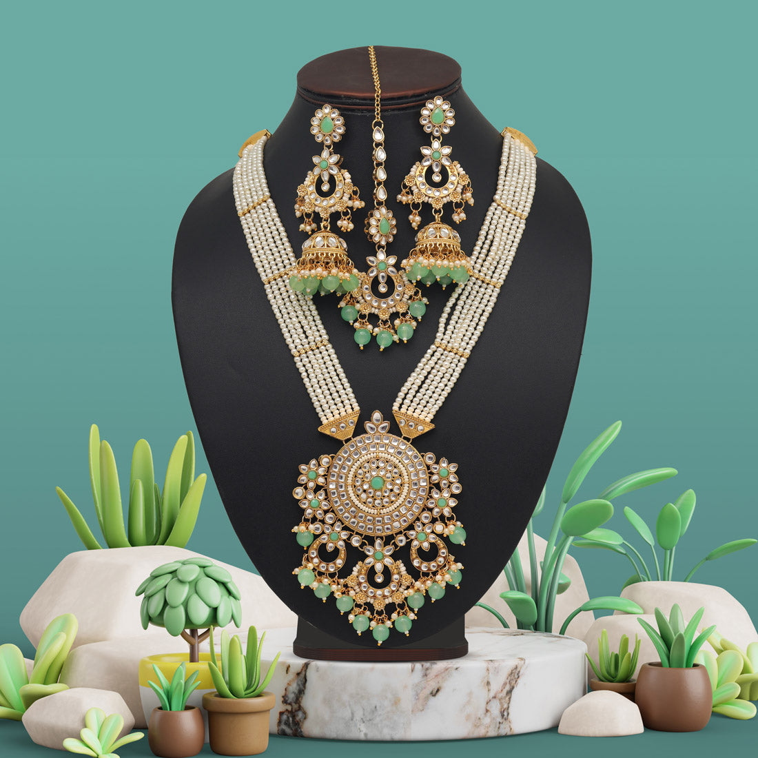 Pista Green Color Long Kundan Necklace Set (KN1425PGRN) - preyans.com