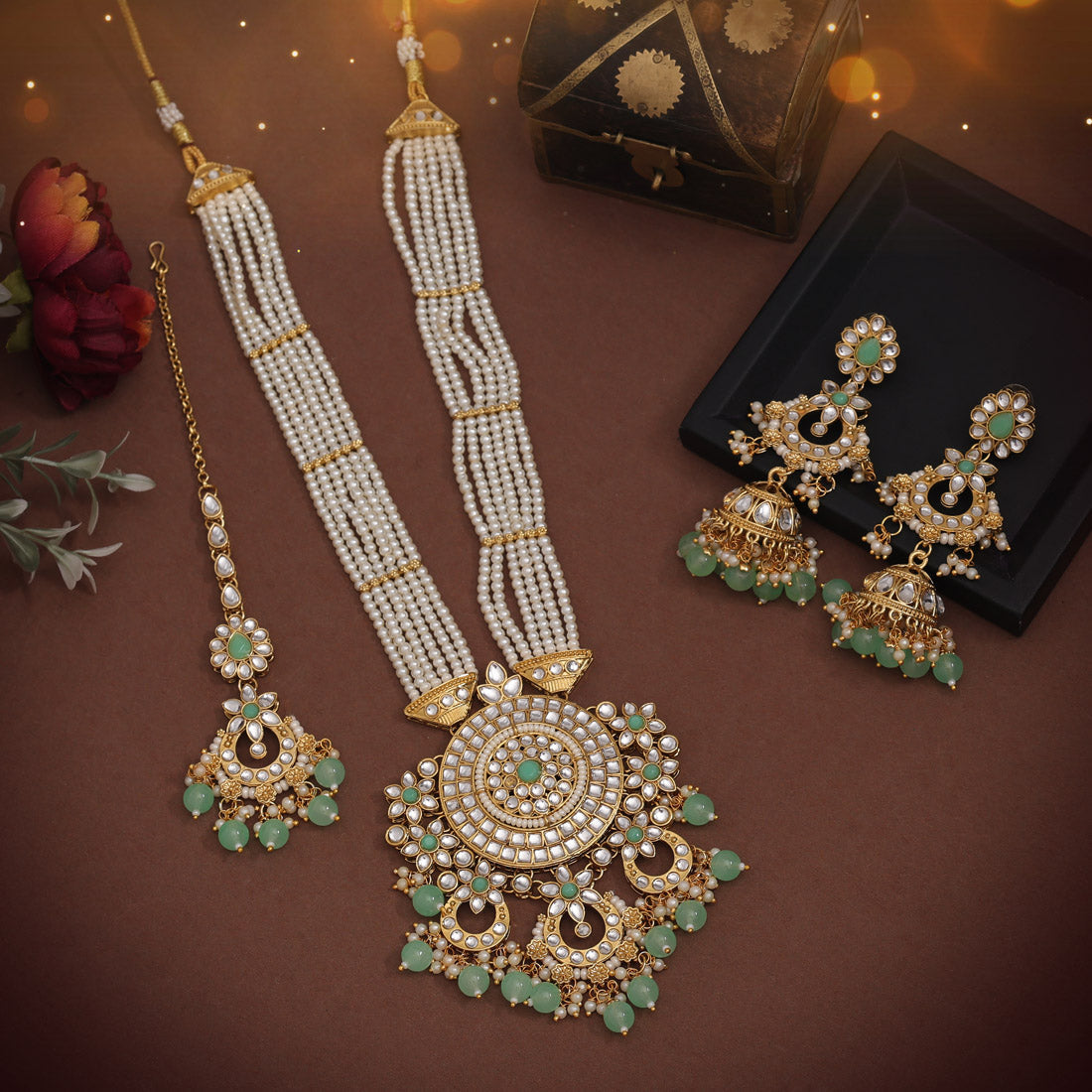 Pista Green Color Long Kundan Necklace Set (KN1425PGRN) - preyans.com