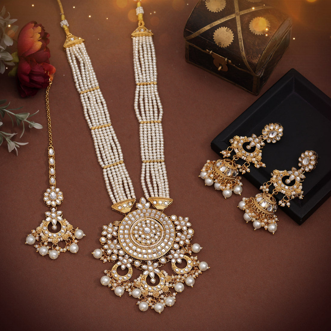 White Color Long Kundan Necklace Set (KN1425WHT) - preyans.com