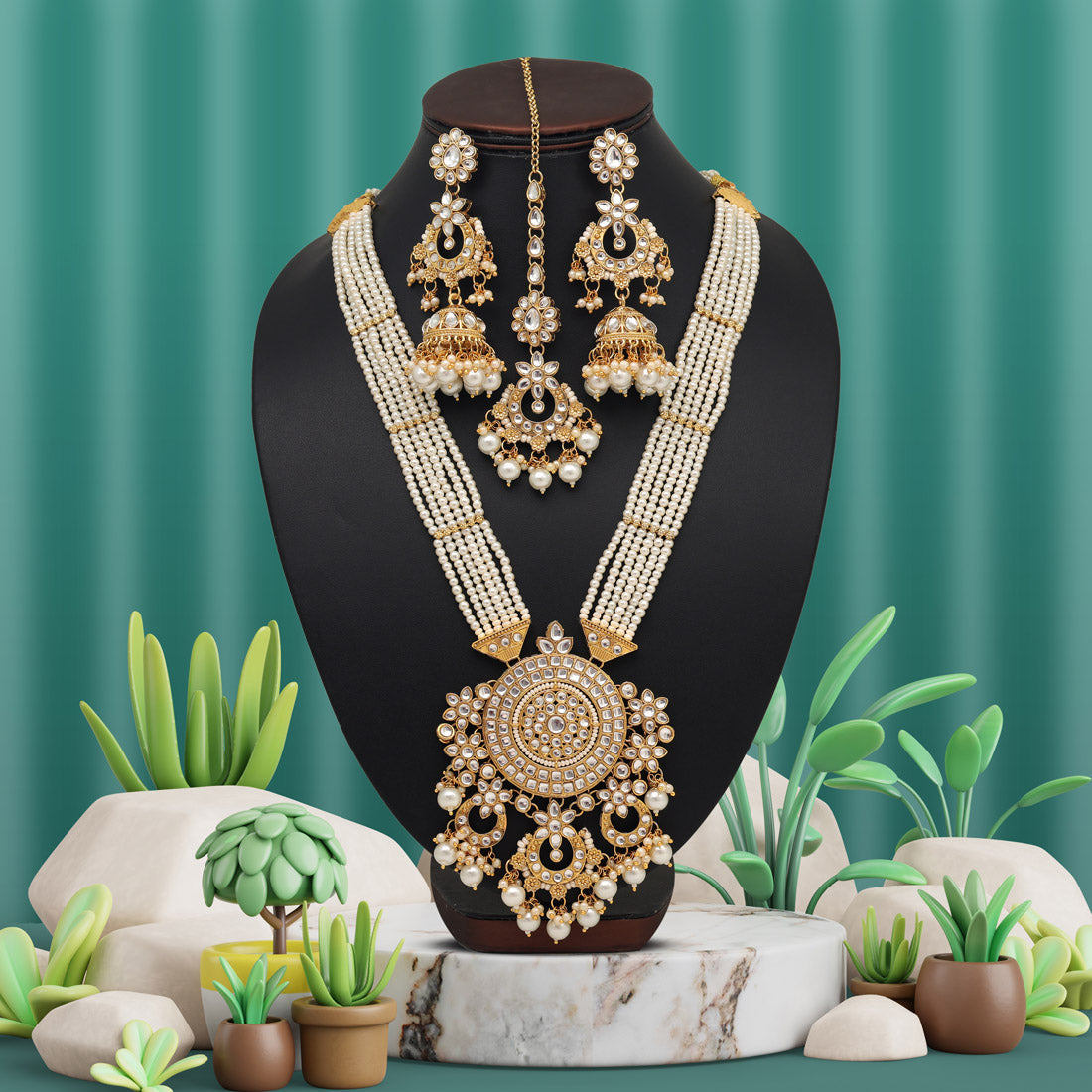 White Color Long Kundan Necklace Set (KN1425WHT) - preyans.com