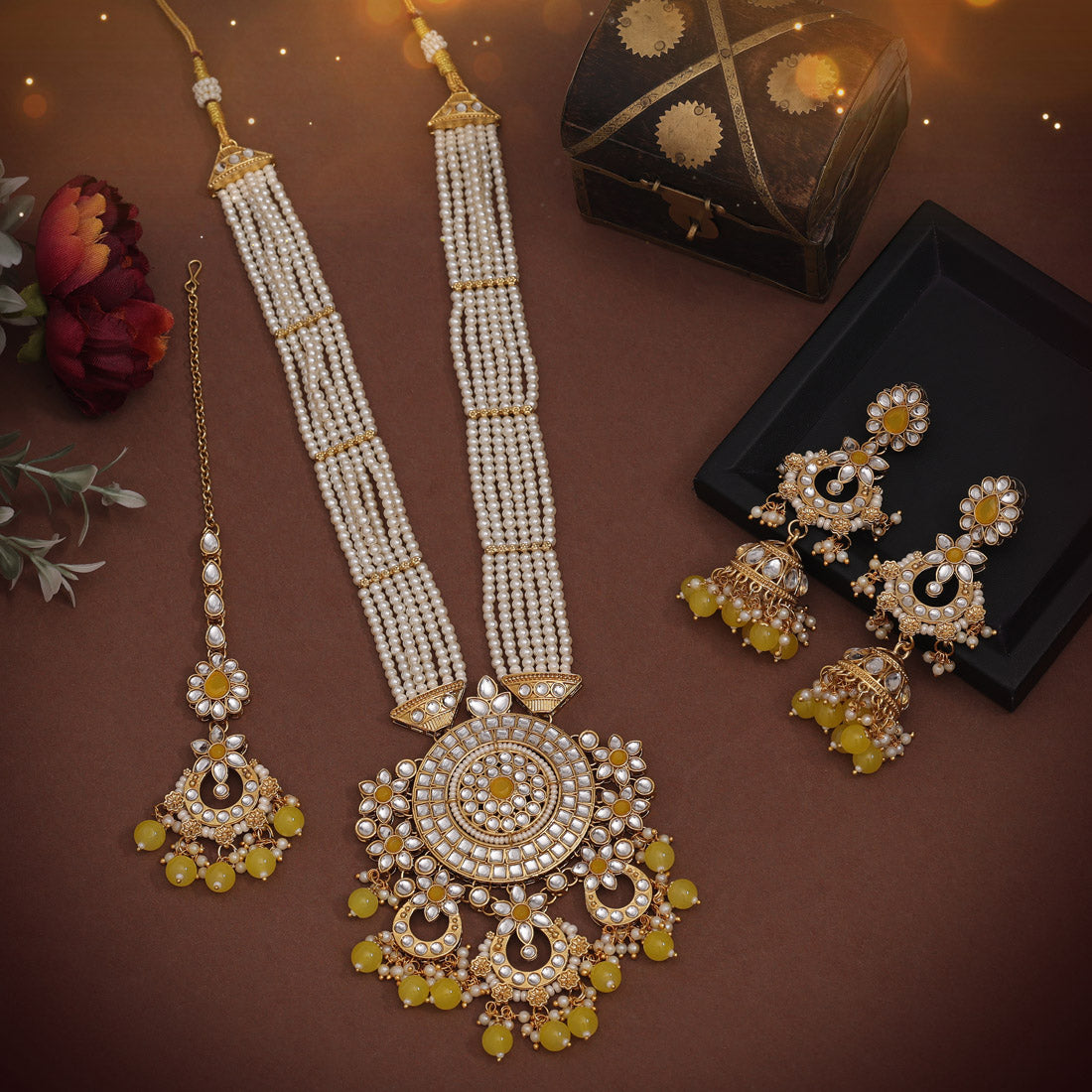 Yellow Color Long Kundan Necklace Set (KN1425YLW) - preyans.com