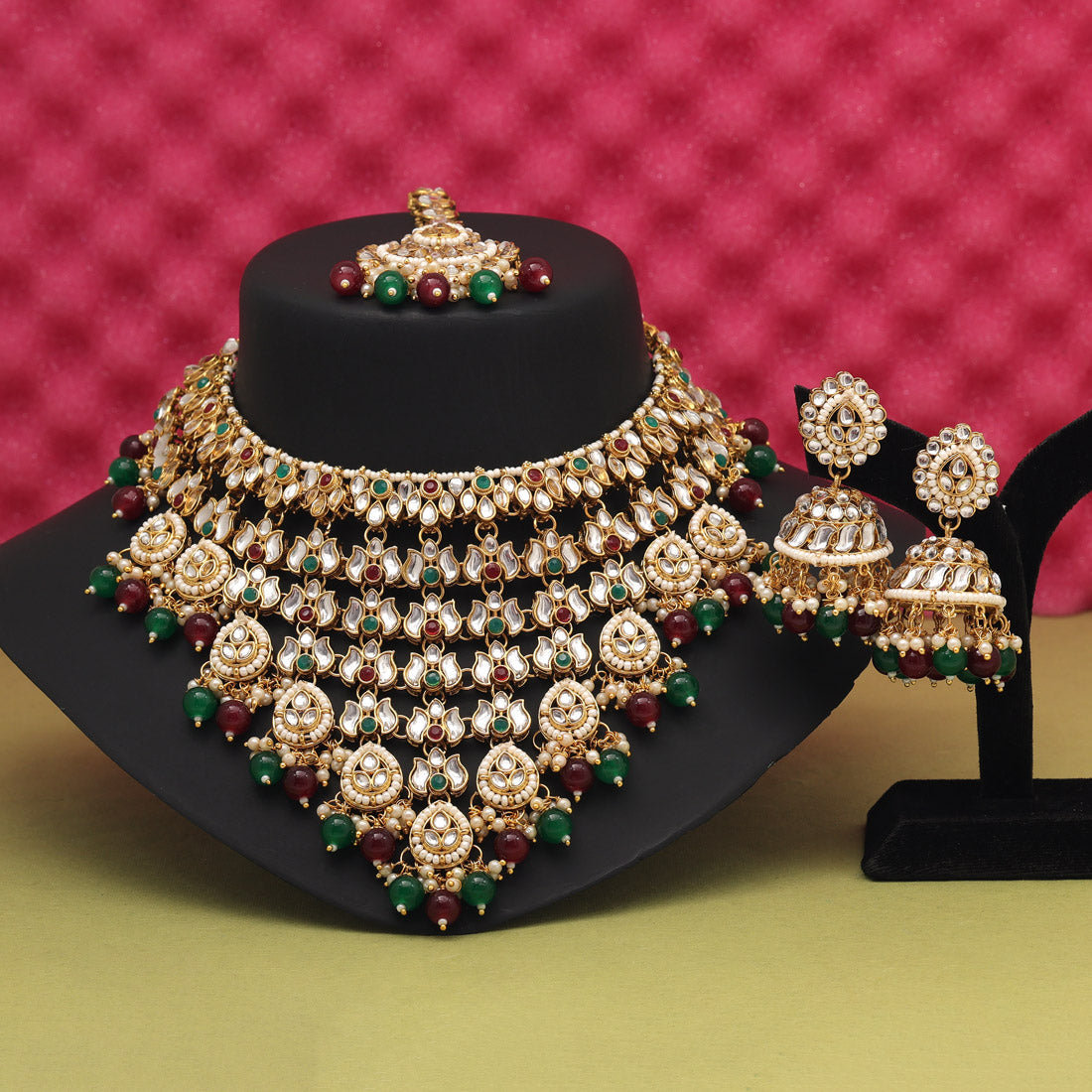 Maroon & Green Color Kundan Necklace Set (KN1426MG) - preyans.com