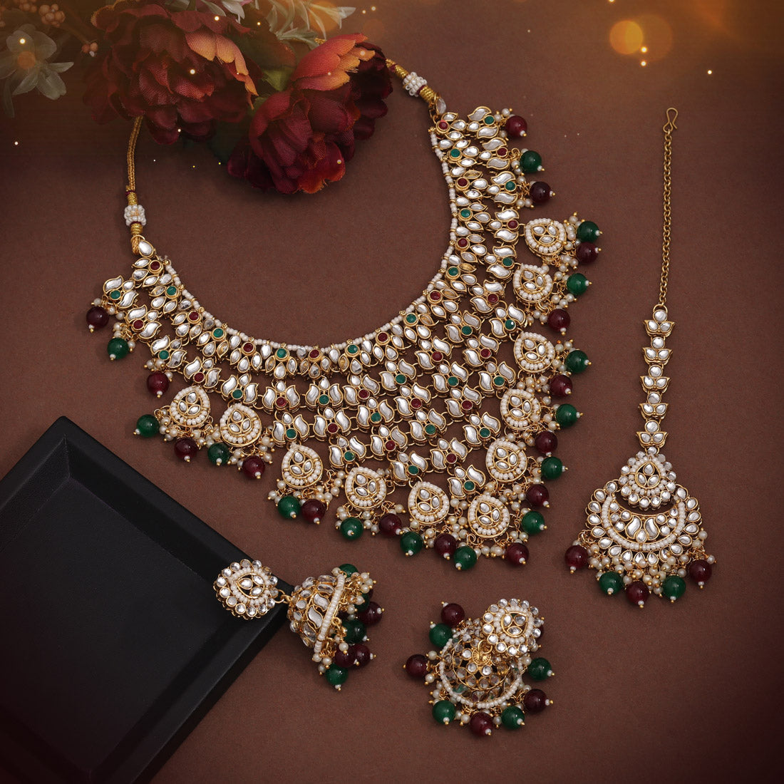 Maroon & Green Color Kundan Necklace Set (KN1426MG) - preyans.com