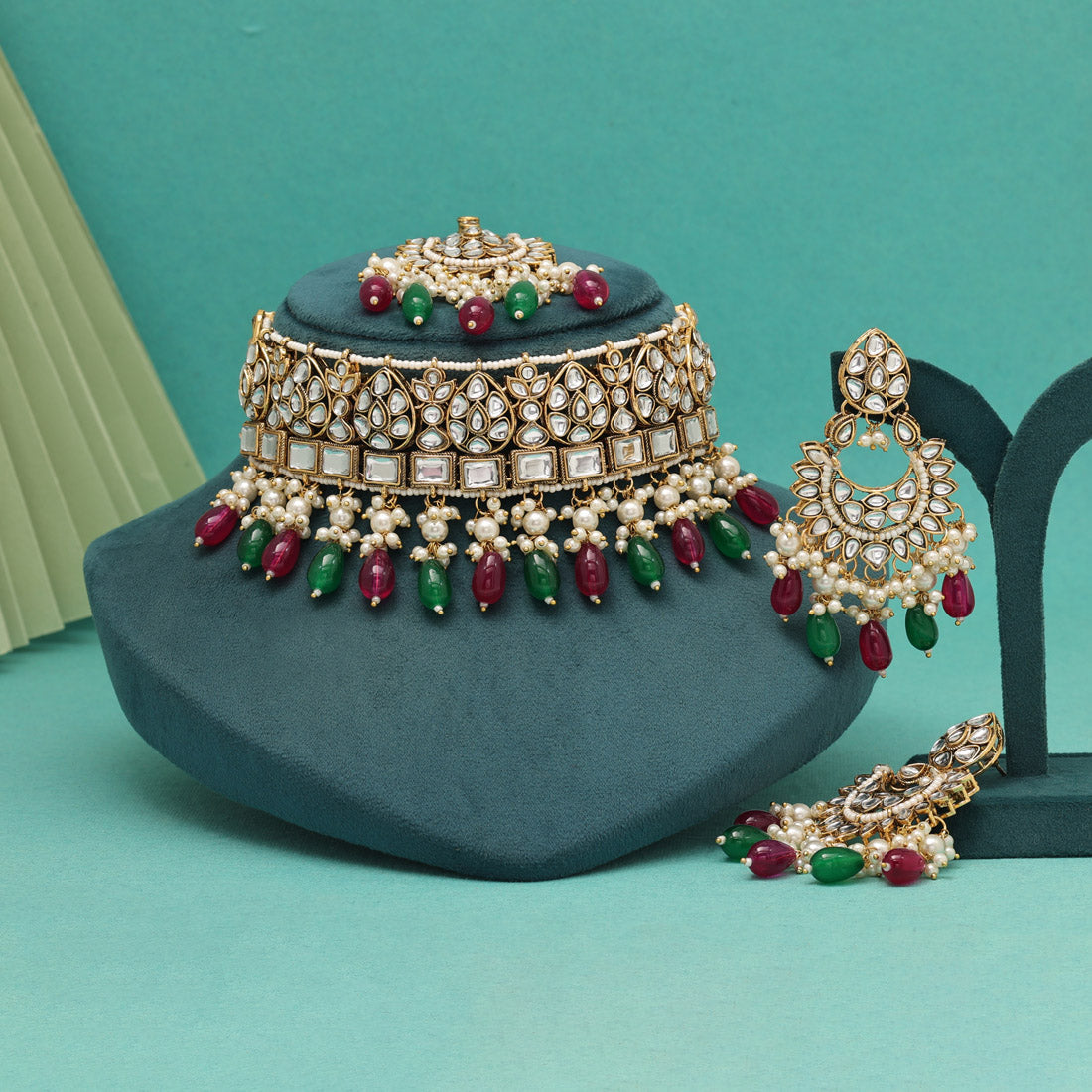 Maroon & Green Color Choker Kundan Necklace Set (KN1429MG) - preyans.com