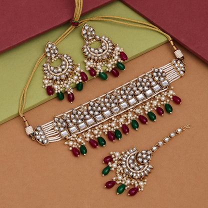 Maroon & Green Color Choker Kundan Necklace Set (KN1429MG) - preyans.com