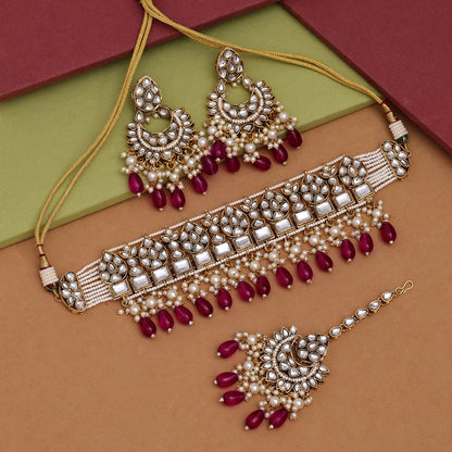 Magenta Color Choker Kundan Necklace Set (KN1429MNT) - preyans.com