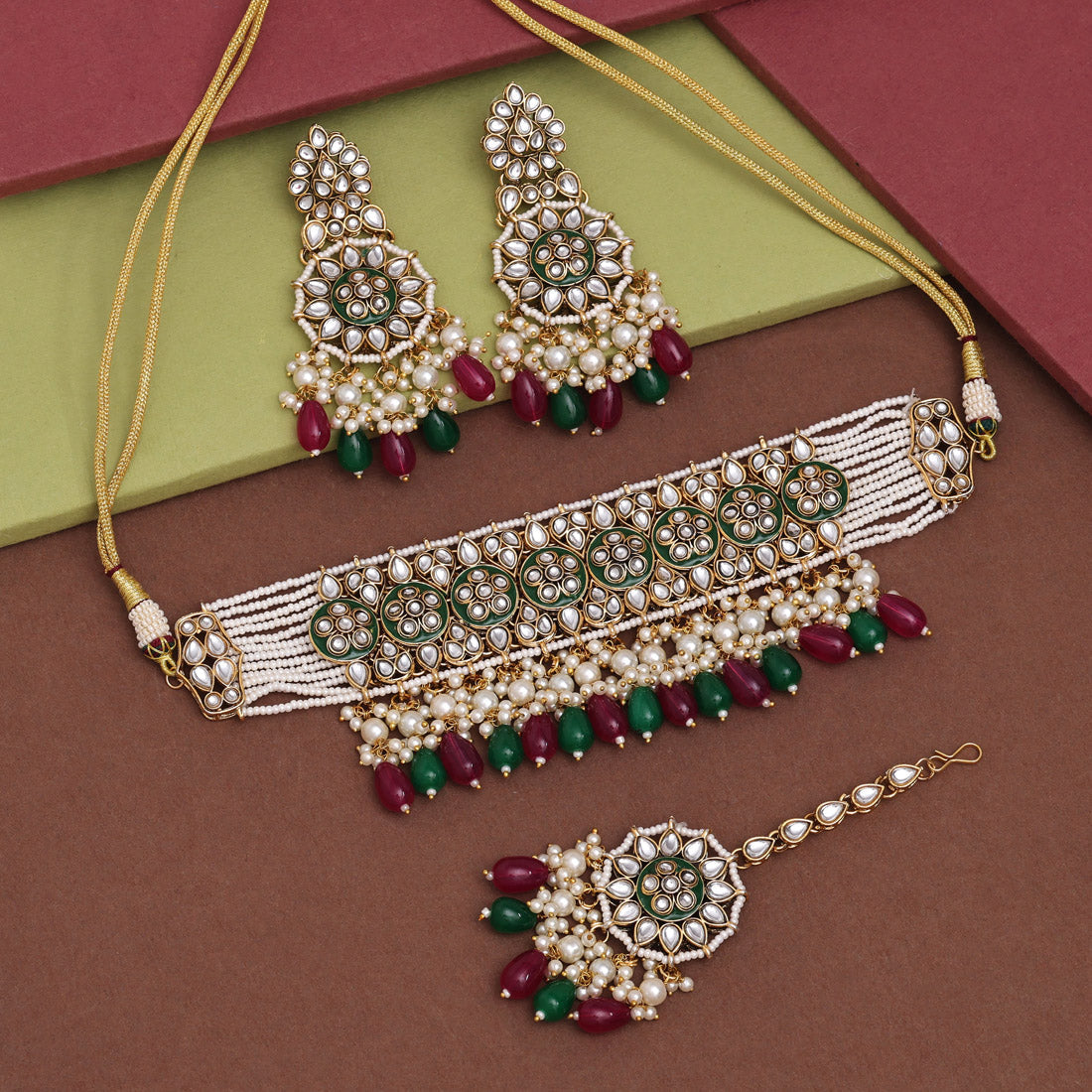 Maroon & Green Color Choker Kundan Necklace Set (KN1430MG) - preyans.com