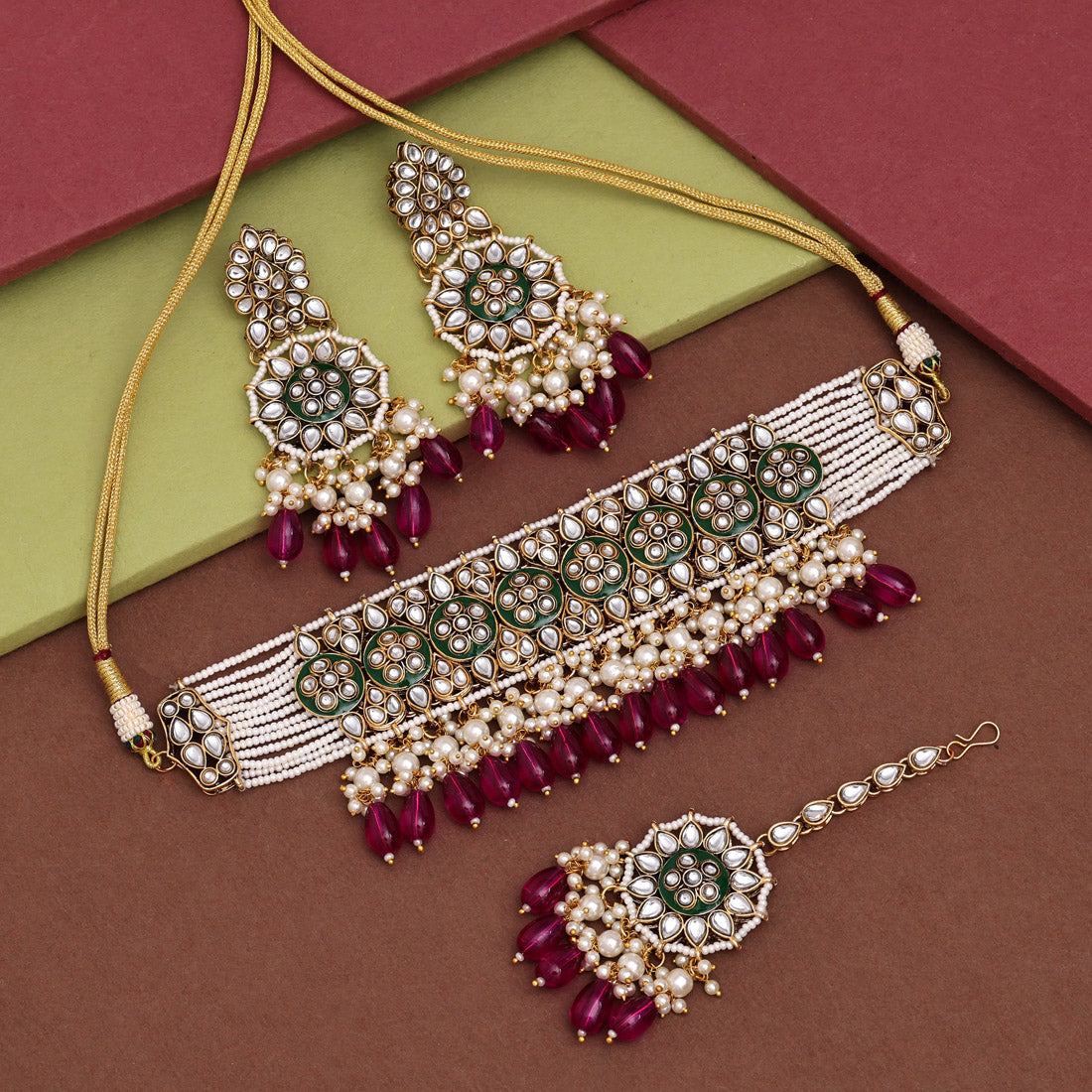 Magenta Color Choker Kundan Necklace Set (KN1430MNT) - preyans.com