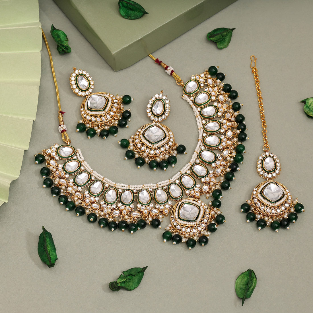 Green Color Kundan Necklace Set (KN1433GRN) - Preyans.com