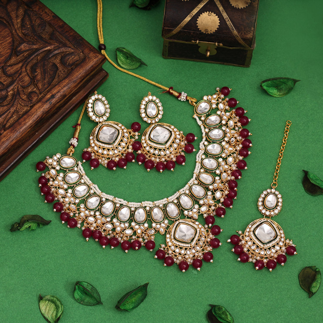 Rani Color Kundan Necklace Set (KN1433RNI) - Preyans.com