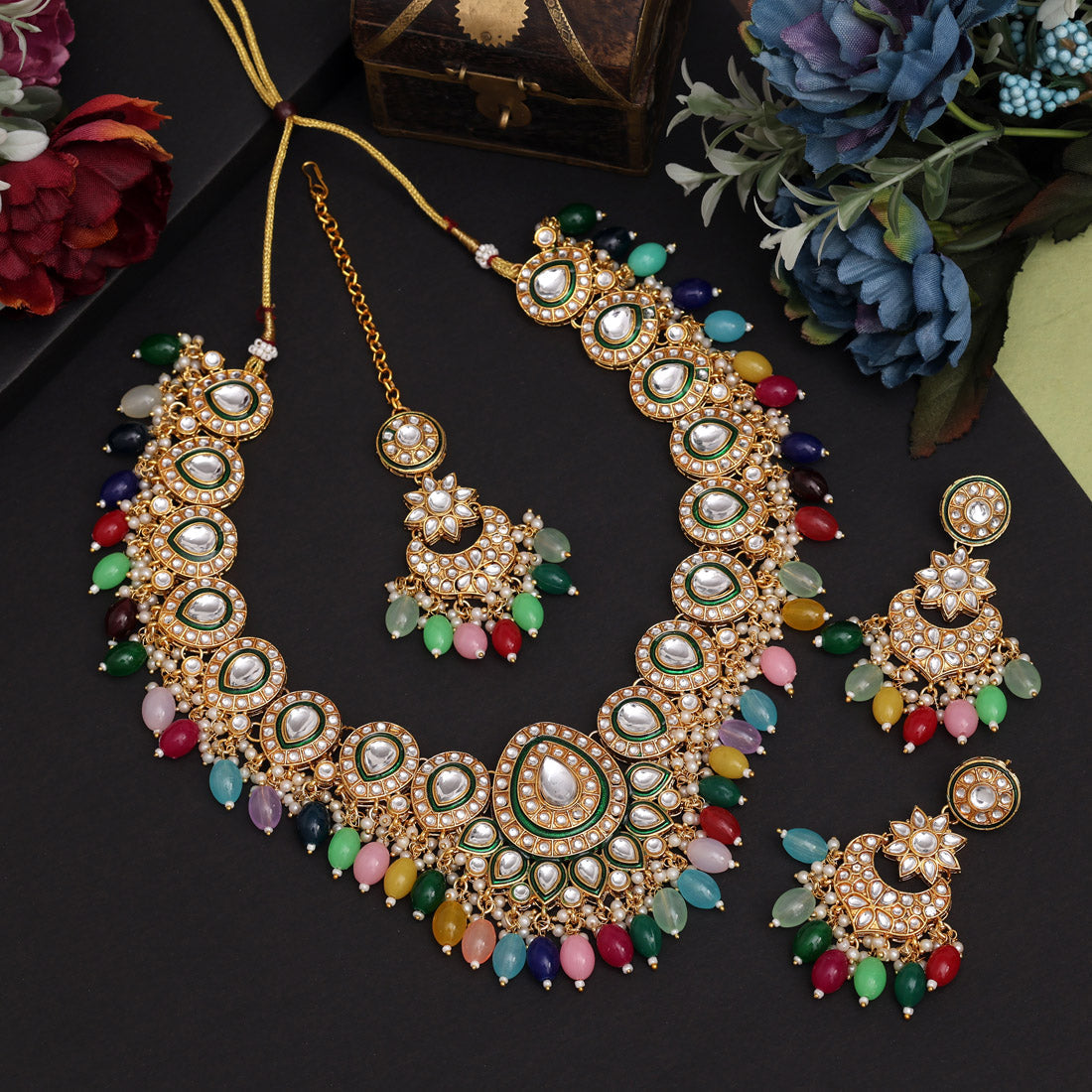 Multi Color Kundan Necklace Set (KN1434MLT) - preyans.com