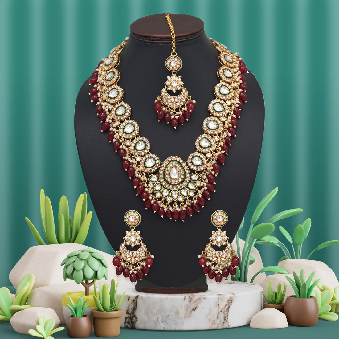 Maroon Color Kundan Necklace Set (KN1434MRN) - preyans.com