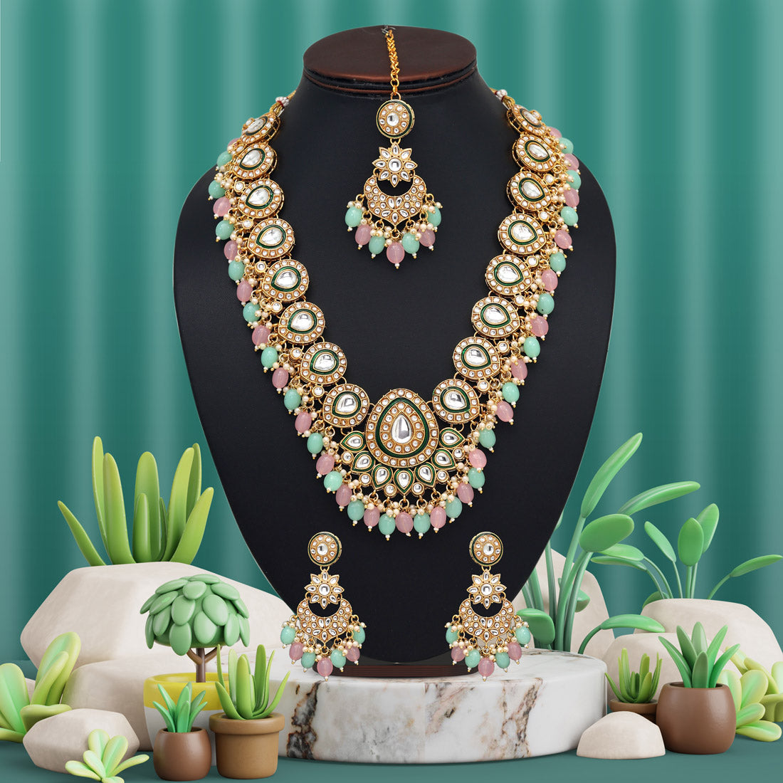 Pink & Pista Green Color Kundan Necklace Set (KN1434PNKPGRN) - preyans.com