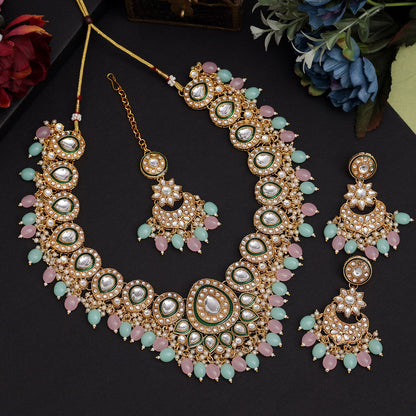 Pink & Pista Green Color Kundan Necklace Set (KN1434PNKPGRN) - preyans.com