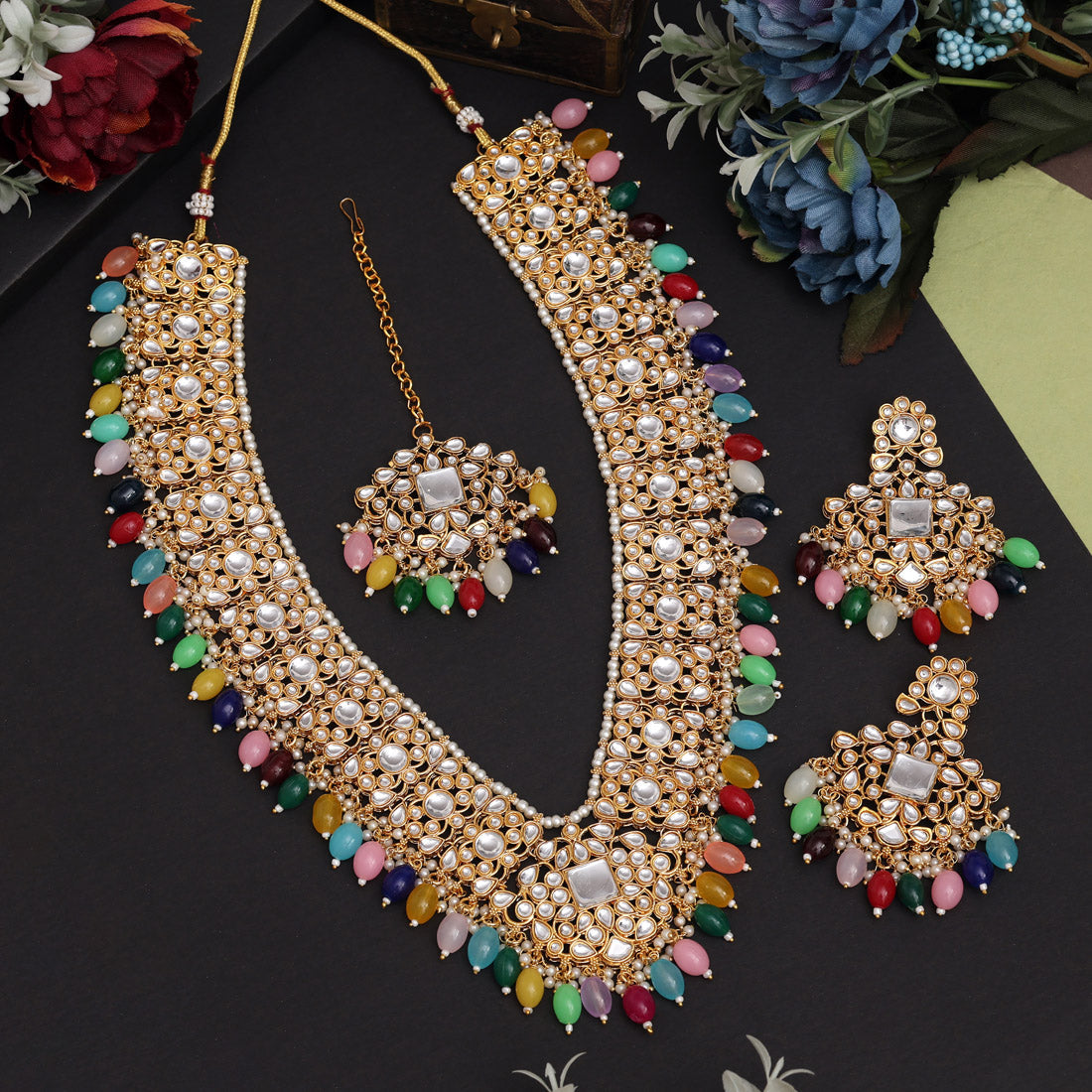 Multi Color Long Kundan Necklace Set (KN1435MLT) - preyans.com