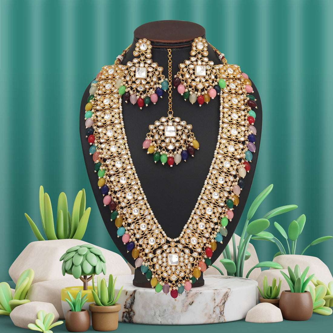 Multi Color Long Kundan Necklace Set (KN1435MLT) - preyans.com