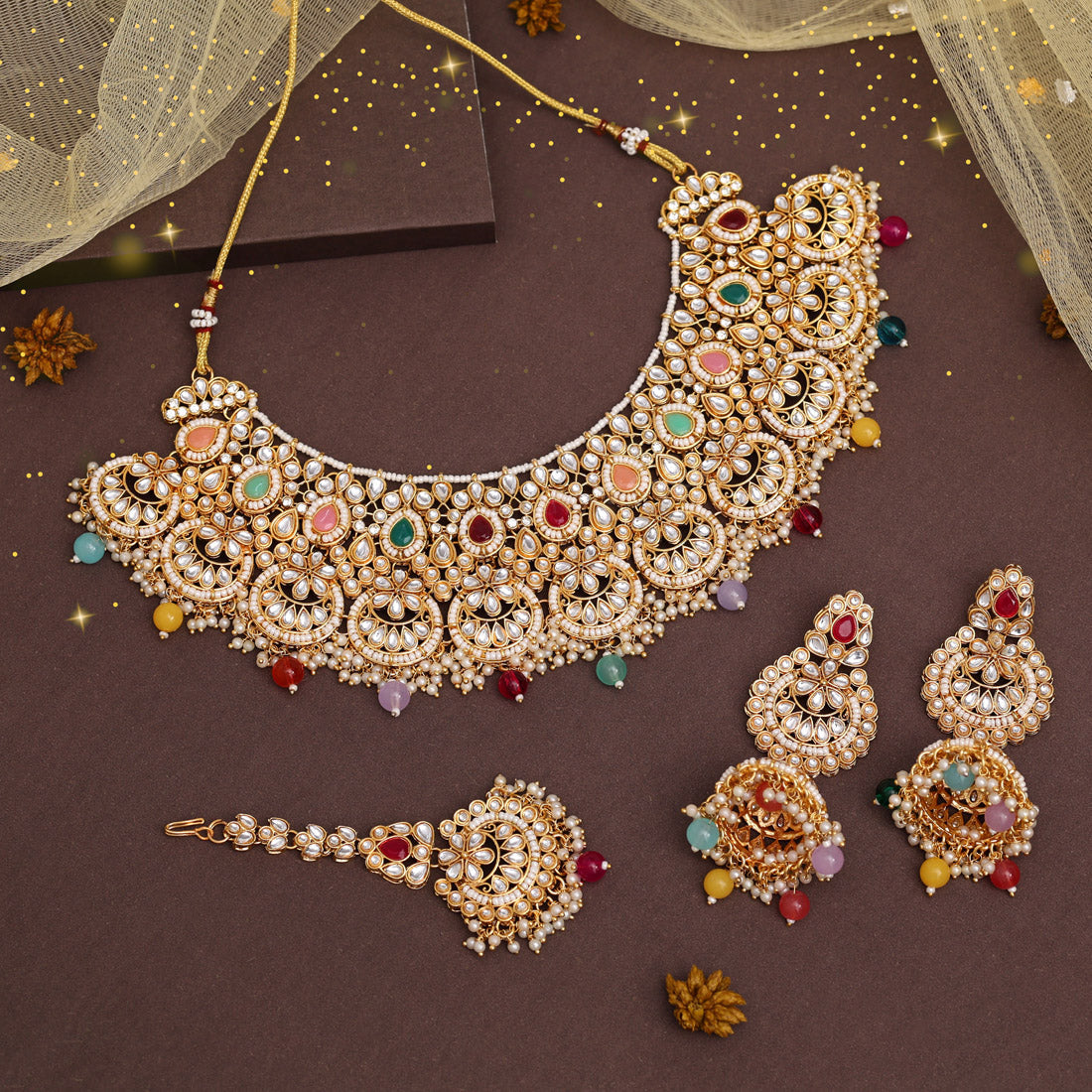 Multi Color Kundan Necklace Set (KN1437MLT) - preyans.com