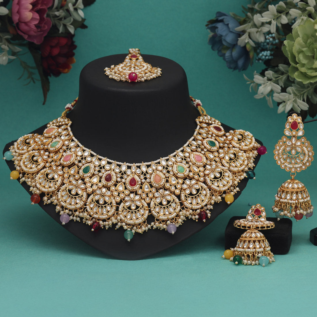 Multi Color Kundan Necklace Set (KN1437MLT) - preyans.com