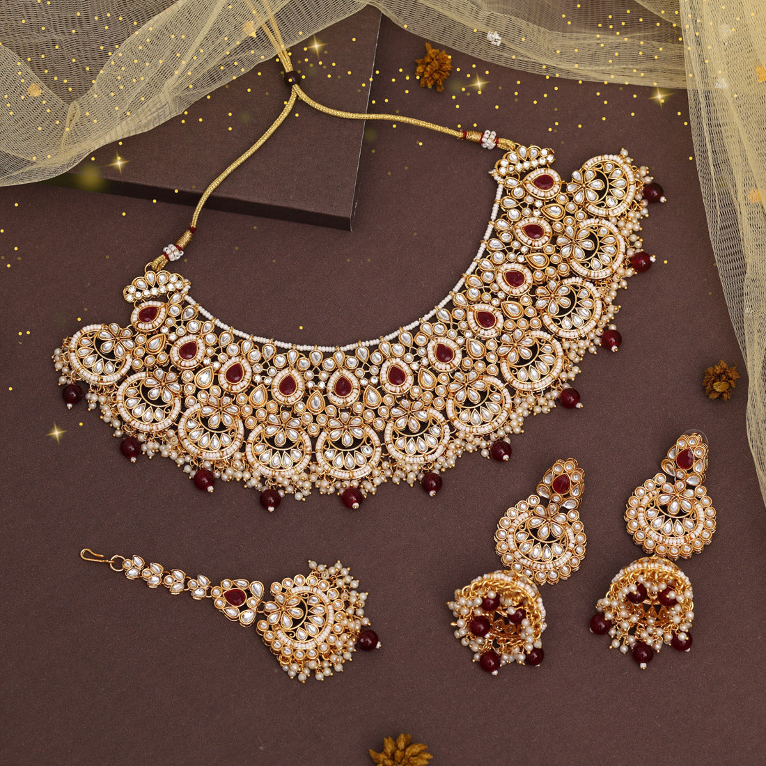 Maroon Color Kundan Necklace Set (KN1437MRN) - preyans.com