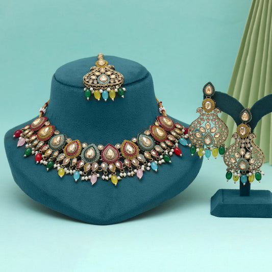 Multi Color Pakistani Kundan Necklace Set (KN1447MLT) - eindiawholesale.com