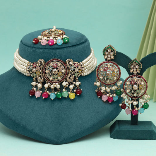 Multi Color Choker Kundan Necklace Set (KN1448MLT) - eindiawholesale.com