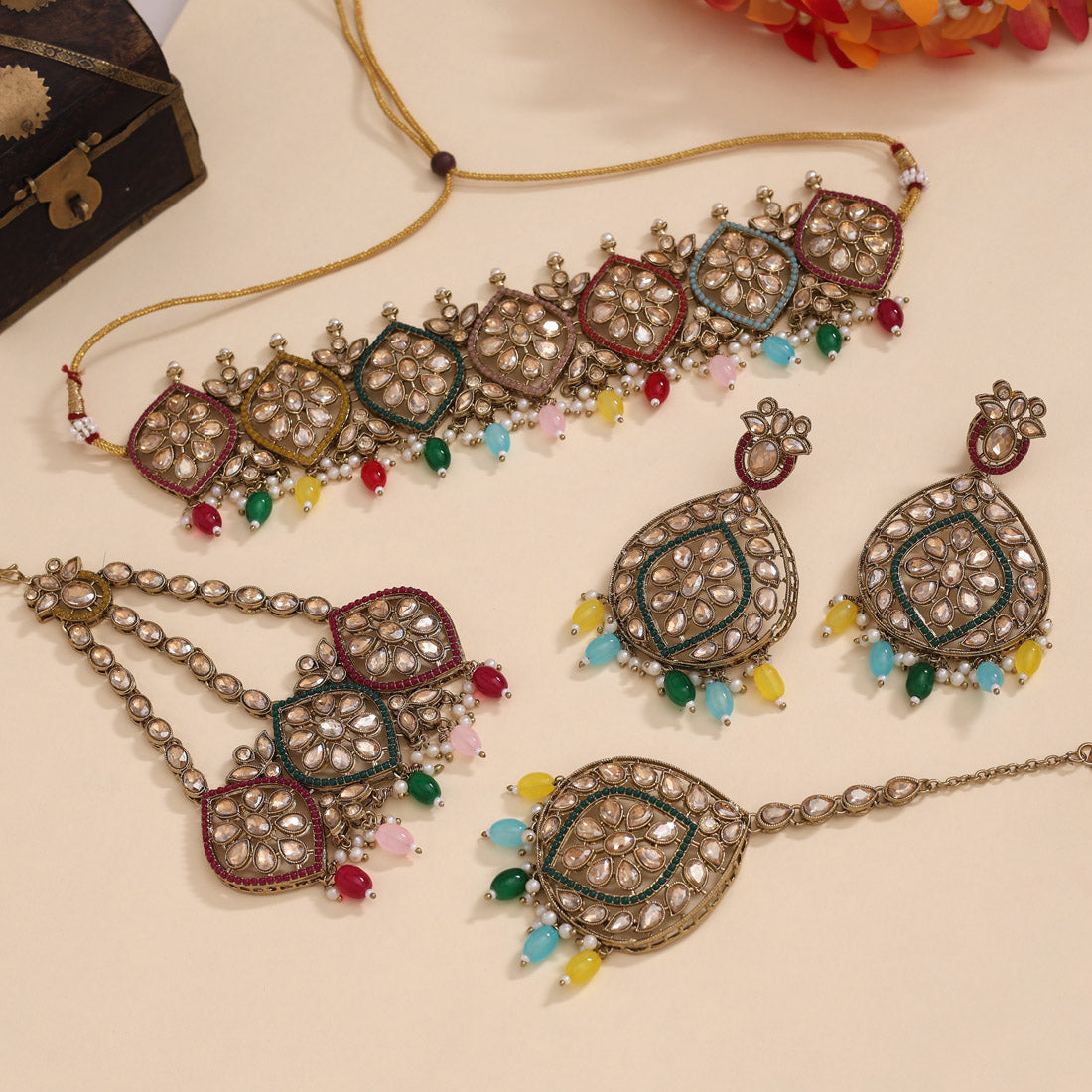 Multi Color Pakistani Choker Kundan Necklace Set (KN1449MLT) - eindiawholesale.com