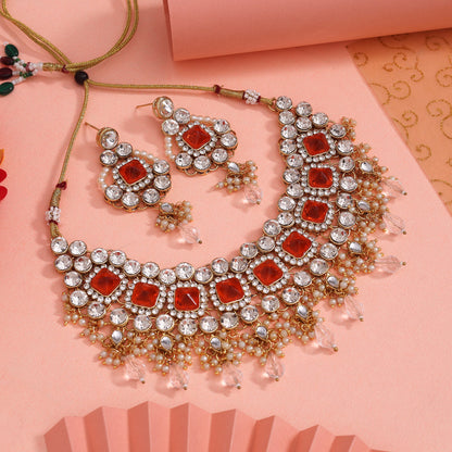 Orange Color Kundan Necklace Set (KN1450ORG) - eindiawholesale.com