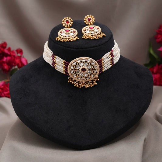 Rani Color Choker Kundan Necklace Set (KN1451RNI) - Preyans.com