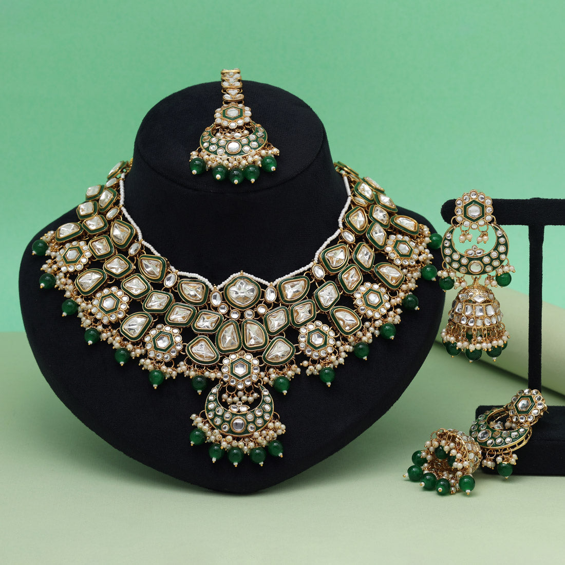 Green Color Meena Work Kundan Necklace Set (KN1452GRN)