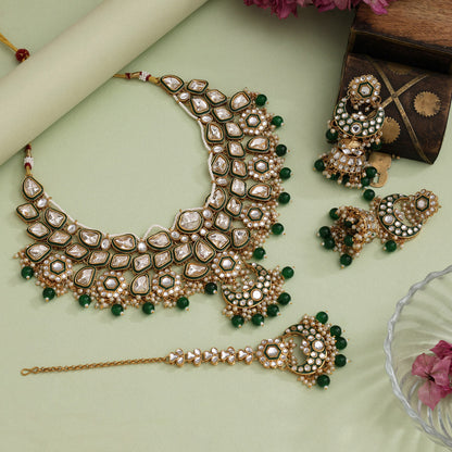 Green Color Meena Work Kundan Necklace Set (KN1452GRN)