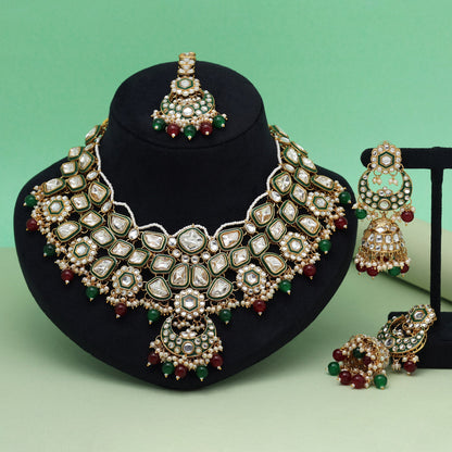 Maroon & Green Color Meena Work Kundan Necklace Set (KN1452MG)