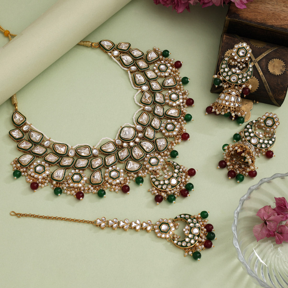 Maroon & Green Color Meena Work Kundan Necklace Set (KN1452MG)