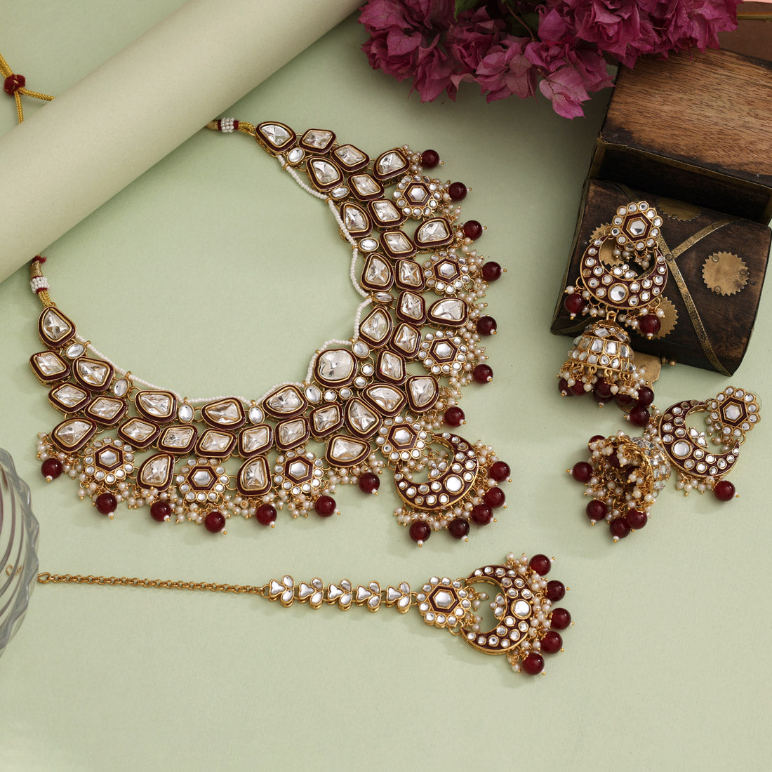 Maroon Color Meena Work Kundan Necklace Set (KN1452MRN)