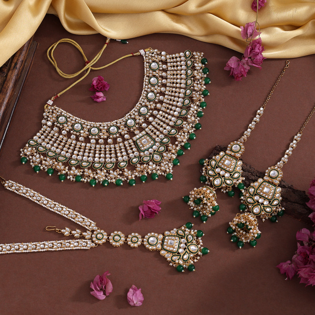 Green Color Meena Work Kundan Necklace Set (KN1454GRN)