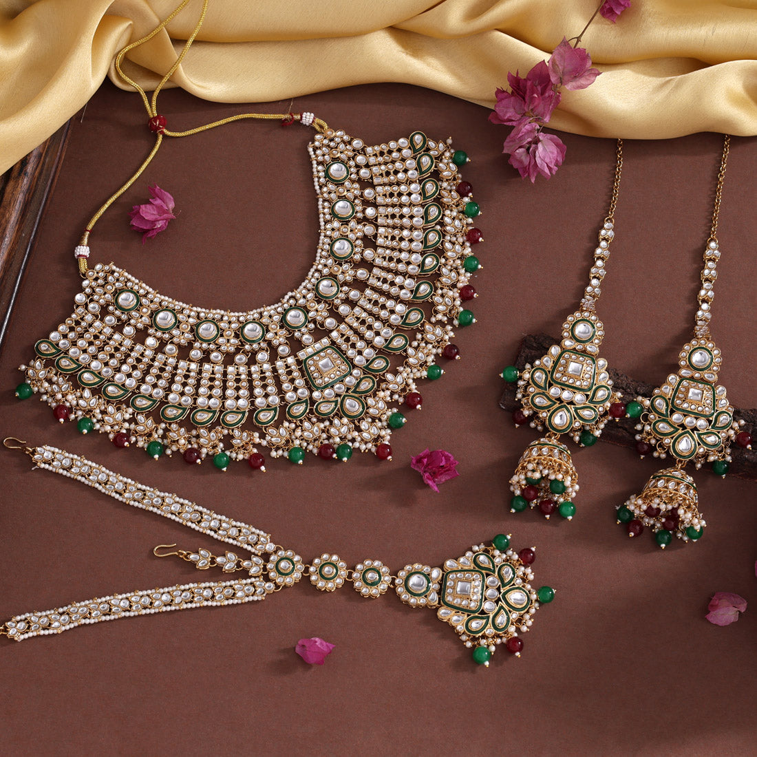 Maroon & Green Color Meena Work Kundan Necklace Set (KN1454MG)