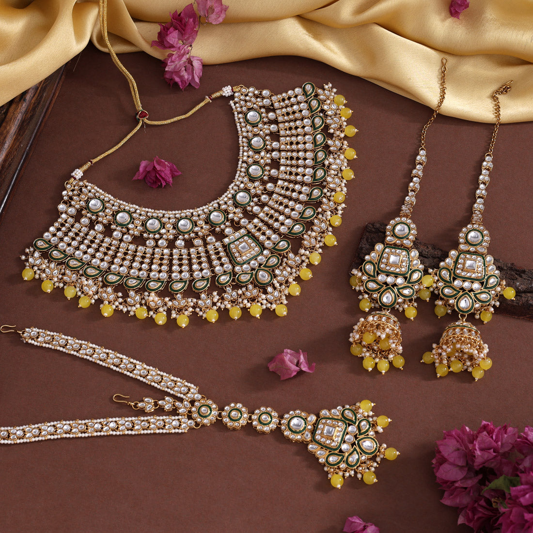 Yellow Color Meena Work Kundan Necklace Set (KN1454YLW)