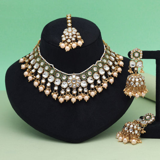 Gold Color Meena Work Kundan Necklace Set (KN1455GLD)