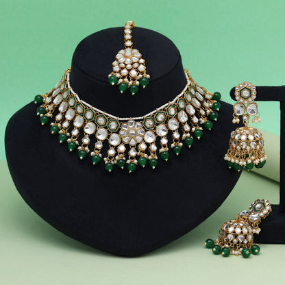 Green Color Meena Work Kundan Necklace Set (KN1455GRN) - Preyans.com