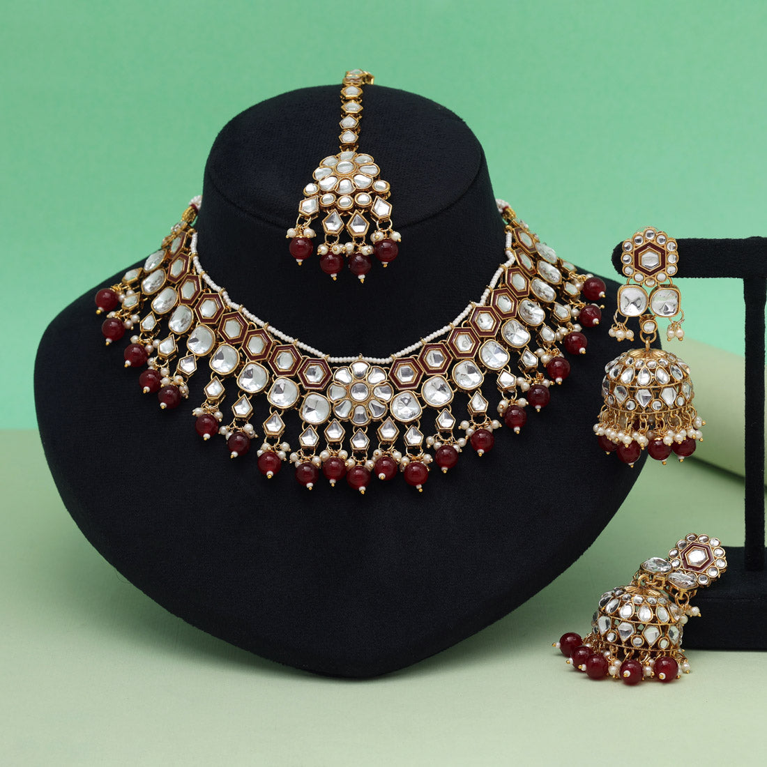 Maroon Color Meena Work Kundan Necklace Set (KN1455MRN)