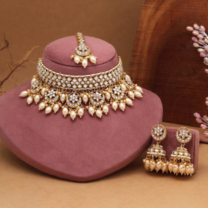 Gold Color Choker Kundan Necklace Set (KN1456GLD)