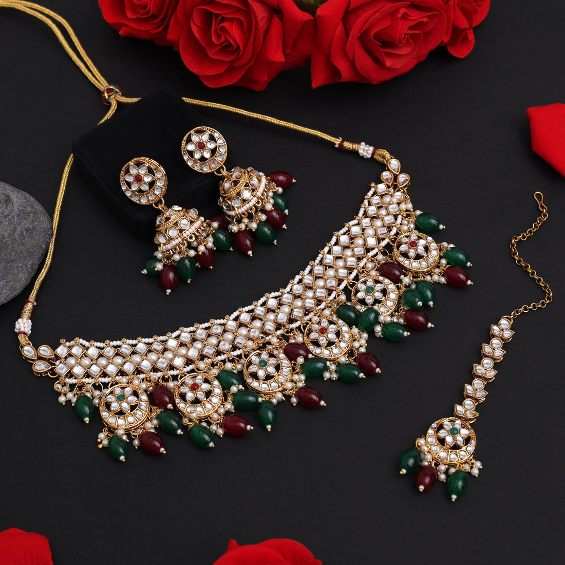 Maroon & Green Color Choker Kundan Necklace Set (KN1456MG)