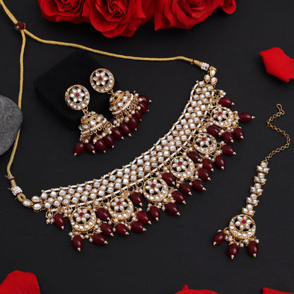 Maroon Color Choker Kundan Necklace Set (KN1456MRN)